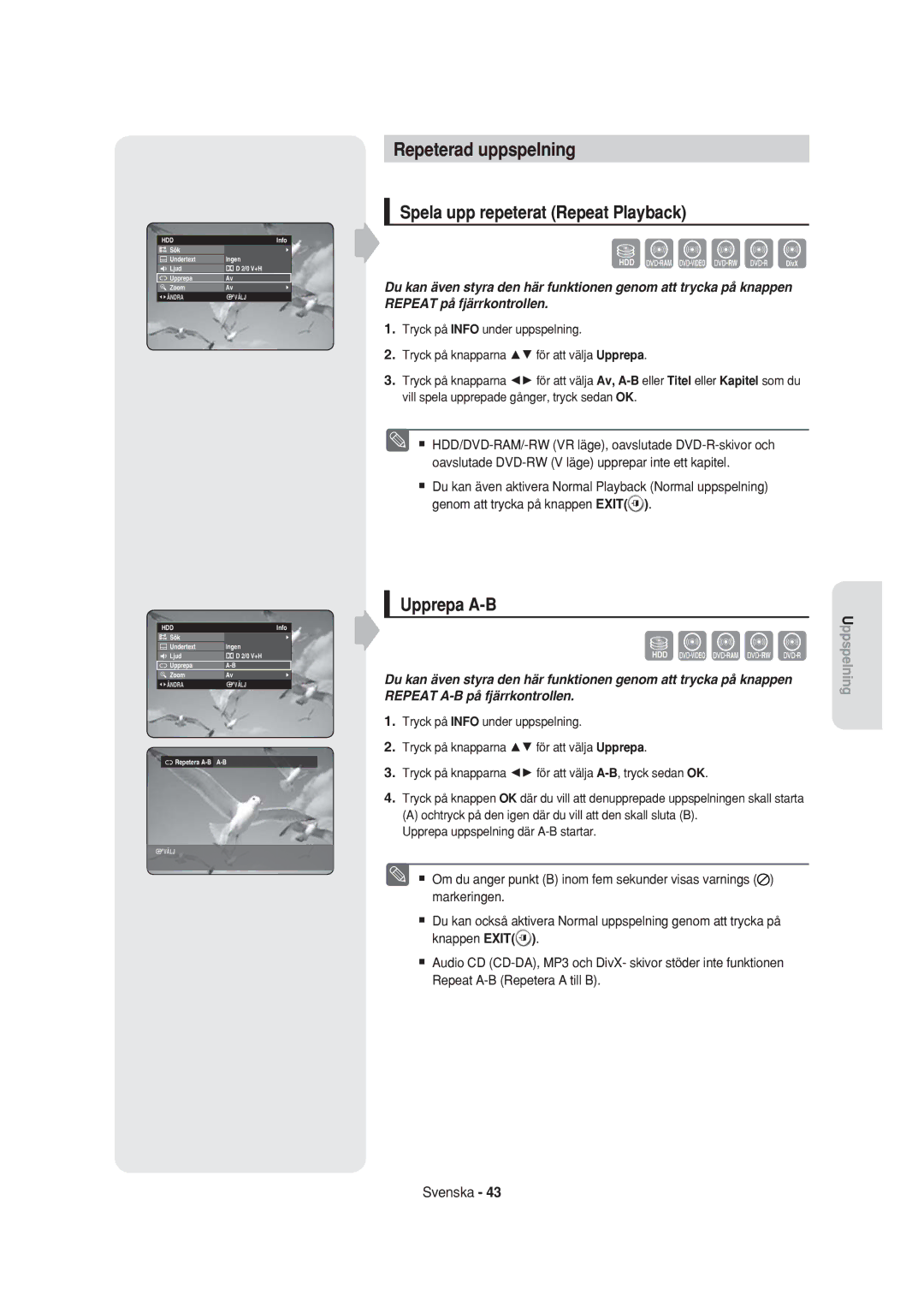 Samsung DVD-HR750/XEE manual Repeterad uppspelning Spela upp repeterat Repeat Playback, Upprepa A-B 