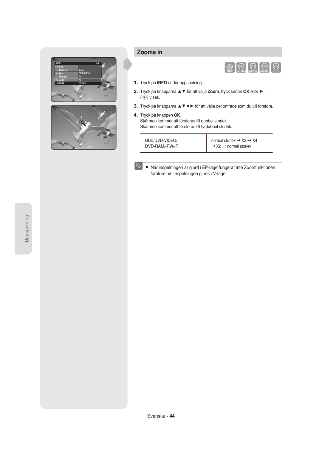 Samsung DVD-HR750/XEE manual Zooma, Normal storlek X2, X2 normal storlek 