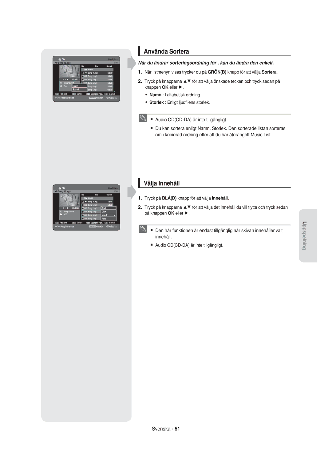 Samsung DVD-HR750/XEE manual Använda Sortera, Välja Innehåll 