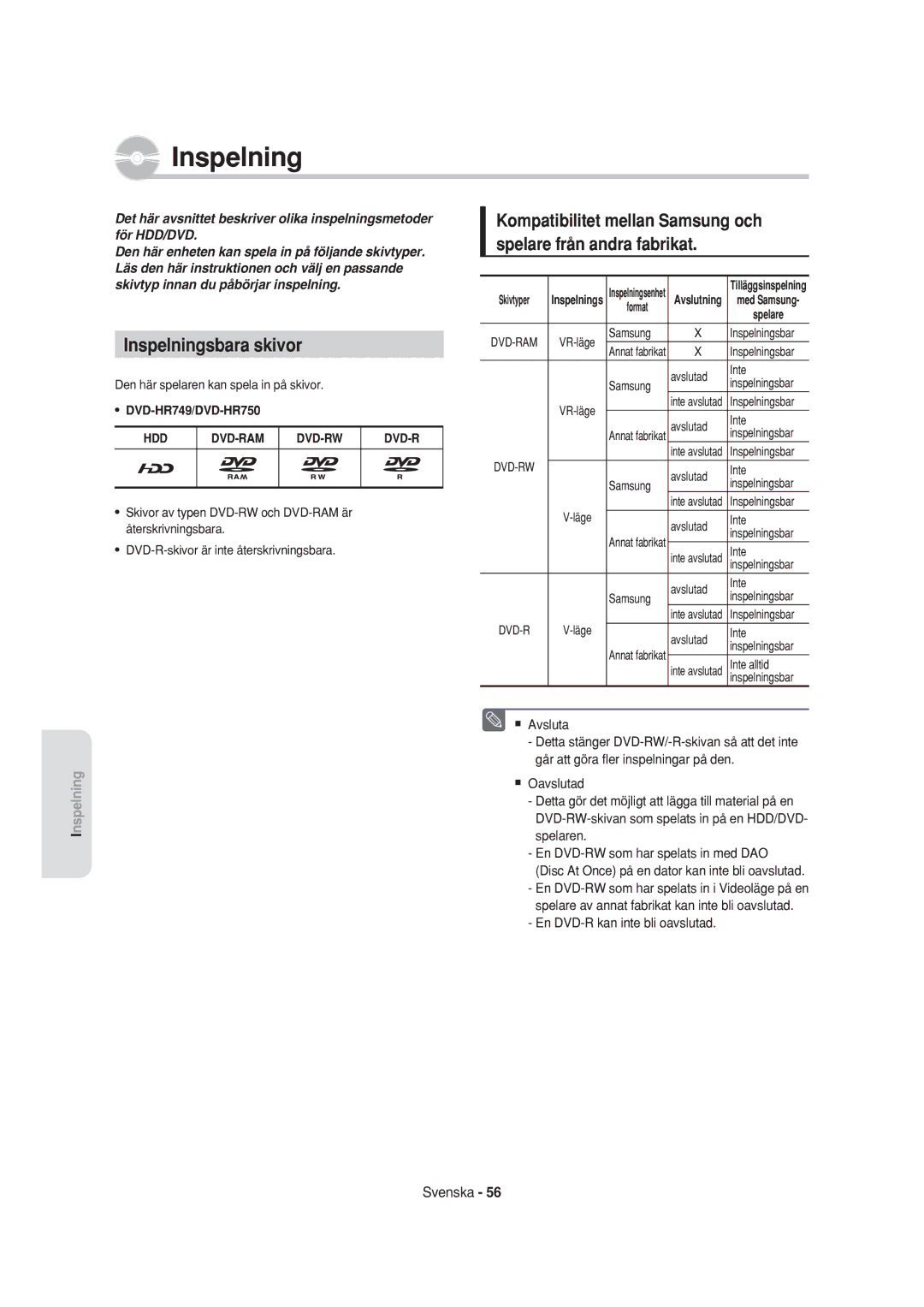 Samsung DVD-HR750/XEE manual Inspelningsbara skivor, Spelare, Dvd-R 