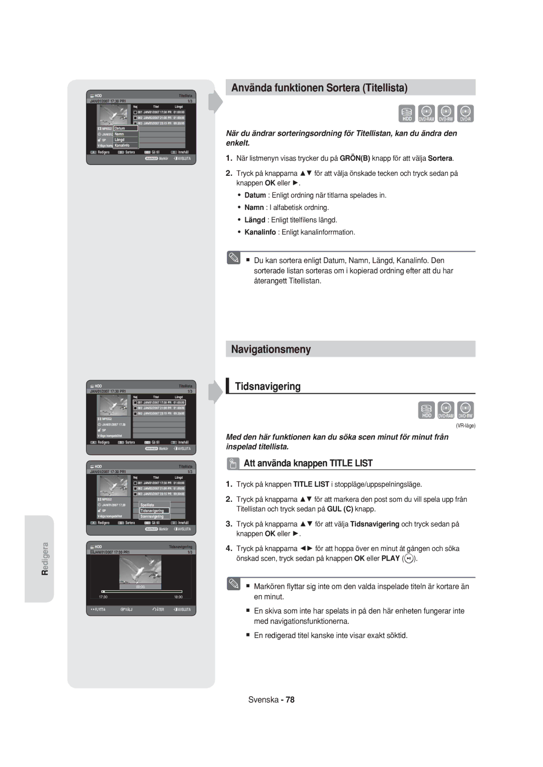 Samsung DVD-HR750/XEE manual Använda funktionen Sortera Titellista, Navigationsmeny Tidsnavigering 