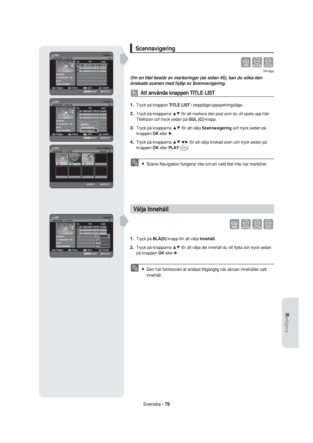 Samsung DVD-HR750/XEE manual Scennavigering, Välja Innehåll 