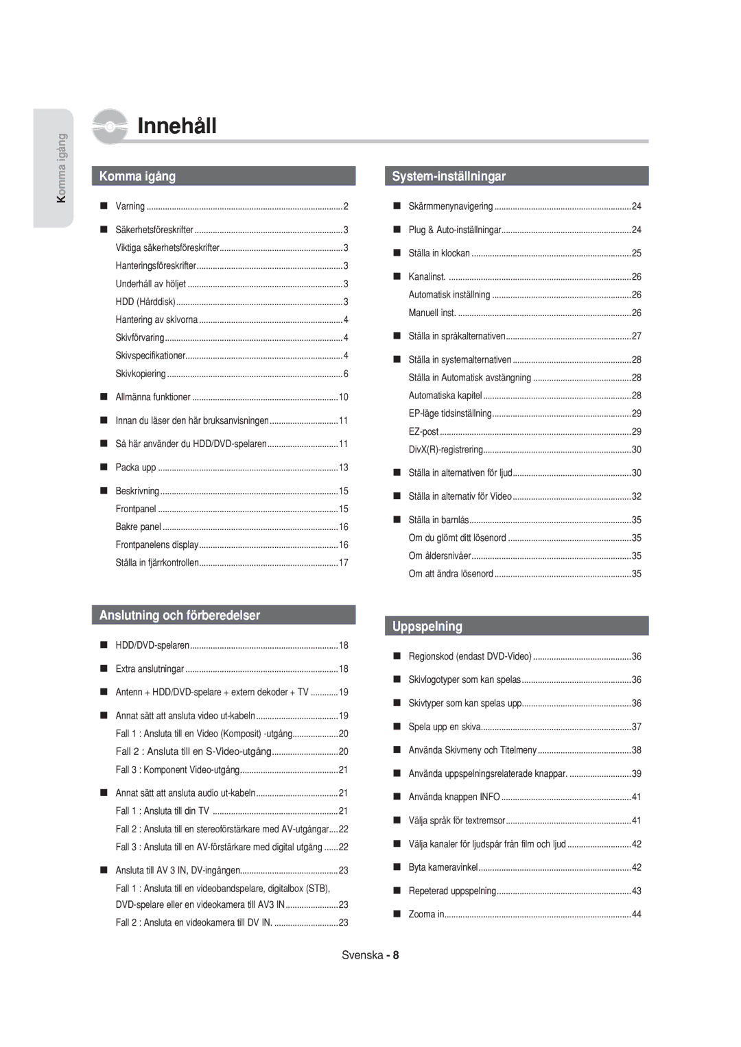 Samsung DVD-HR750/XEE manual Innehåll 