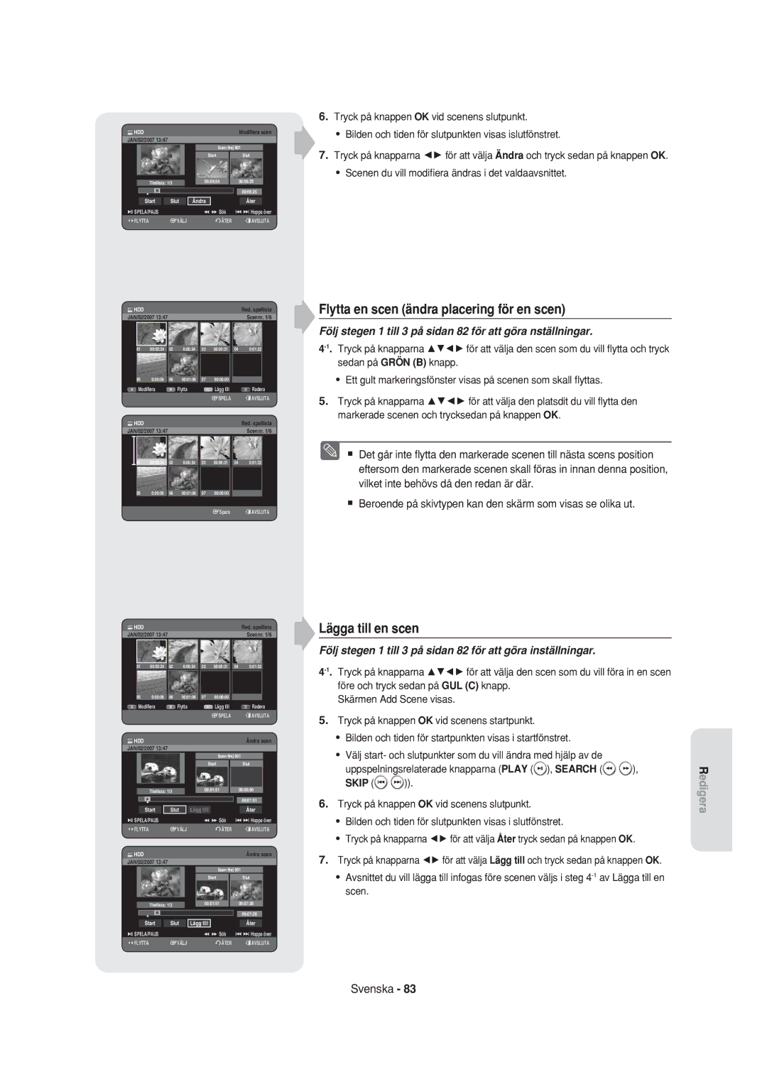 Samsung DVD-HR750/XEE manual Flytta en scen ändra placering för en scen, Lägga till en scen 