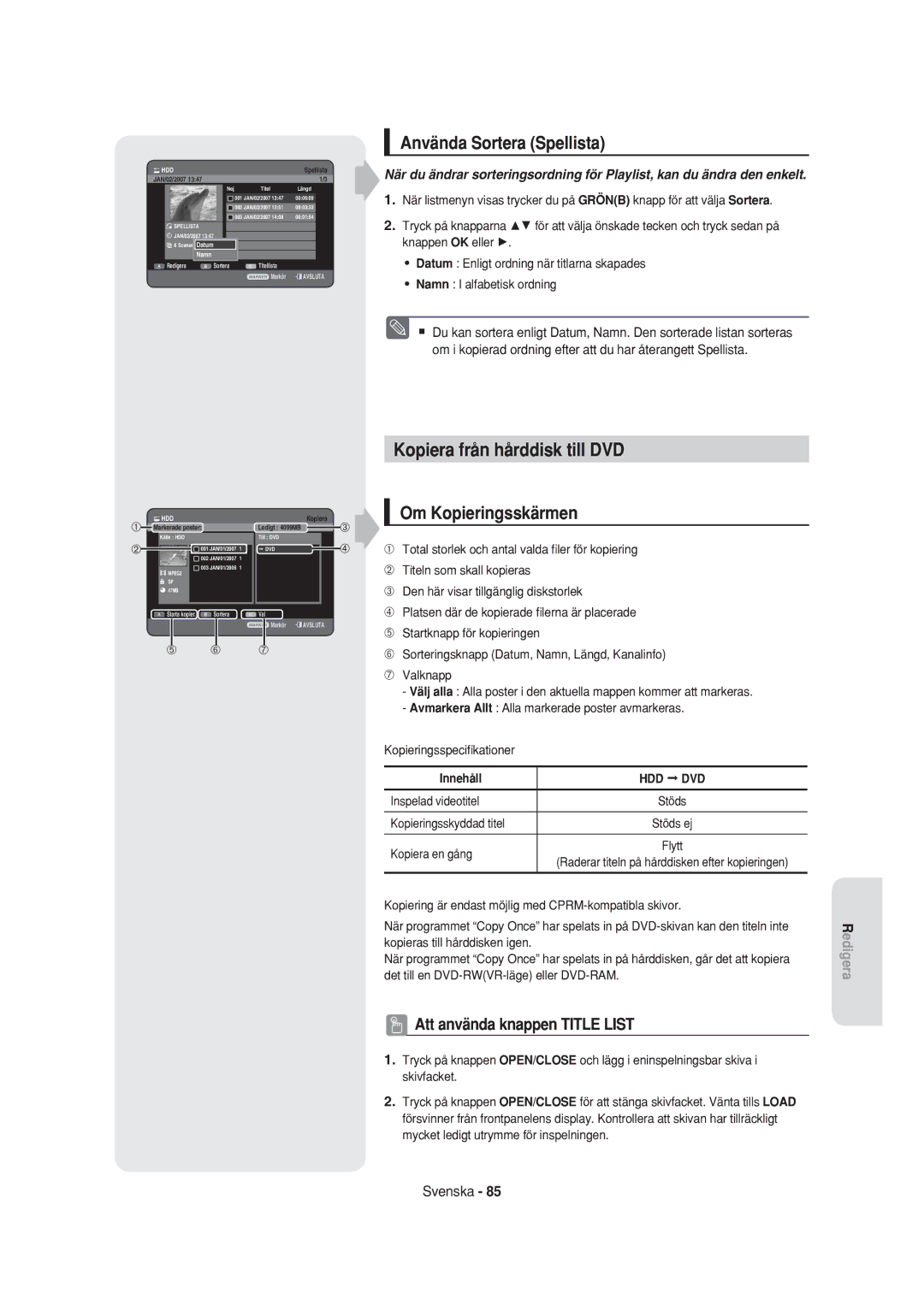 Samsung DVD-HR750/XEE Använda Sortera Spellista, Kopiera från hårddisk till DVD Om Kopieringsskärmen, Inspelad videotitel 