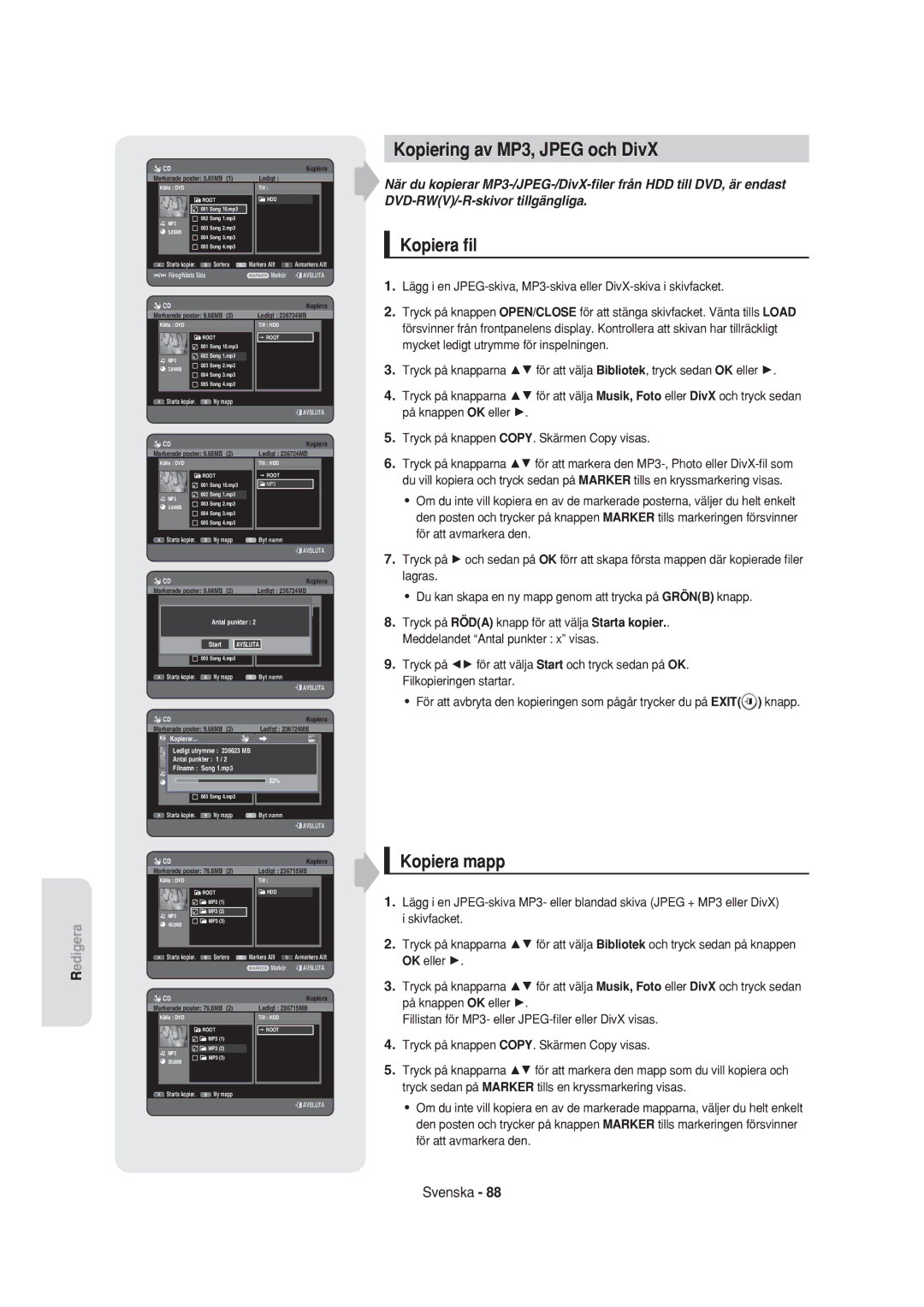 Samsung DVD-HR750/XEE manual Kopiering av MP3, Jpeg och DivX, Kopiera ﬁl, Kopiera mapp 