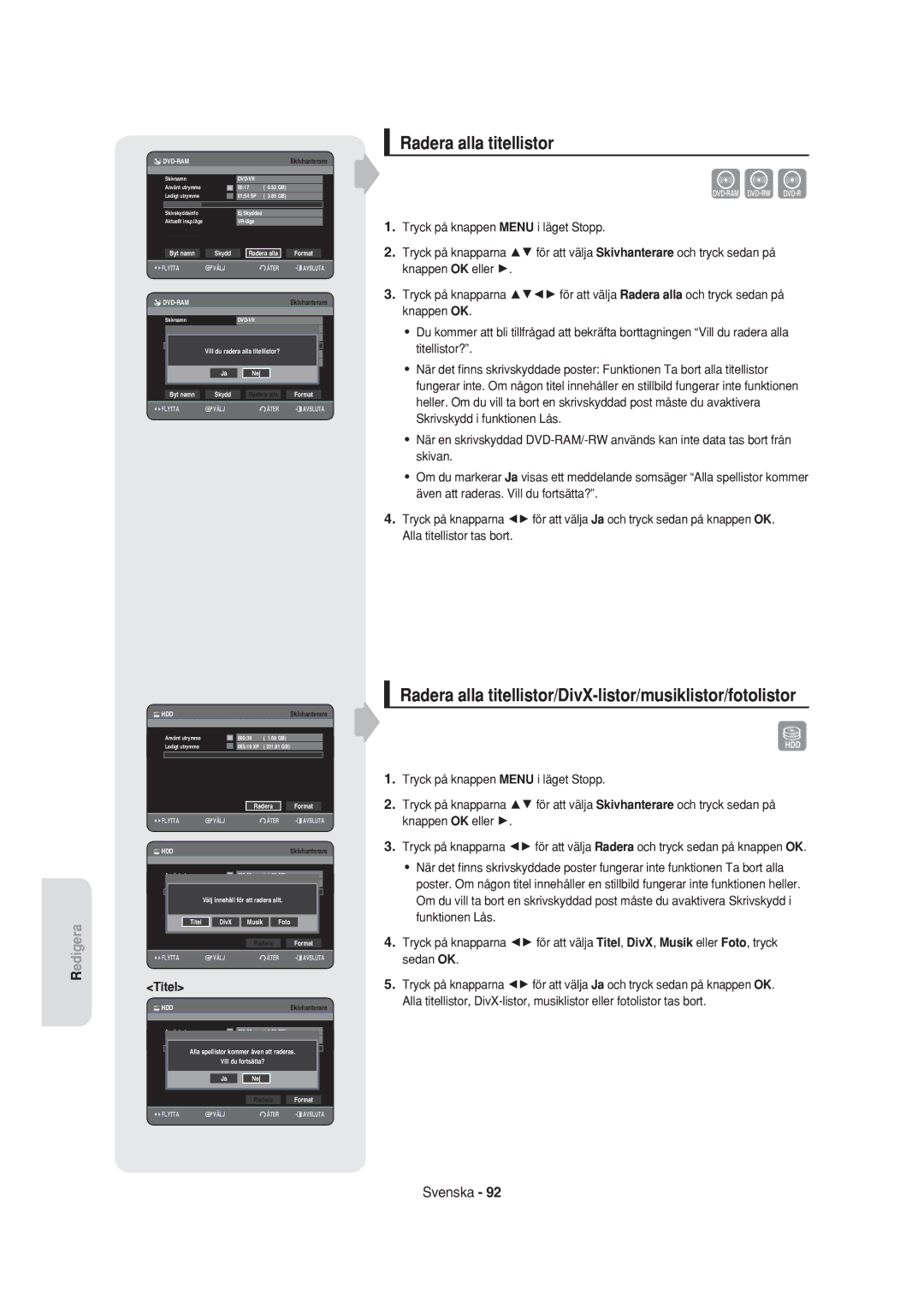 Samsung DVD-HR750/XEE manual Radera alla titellistor, Titel 