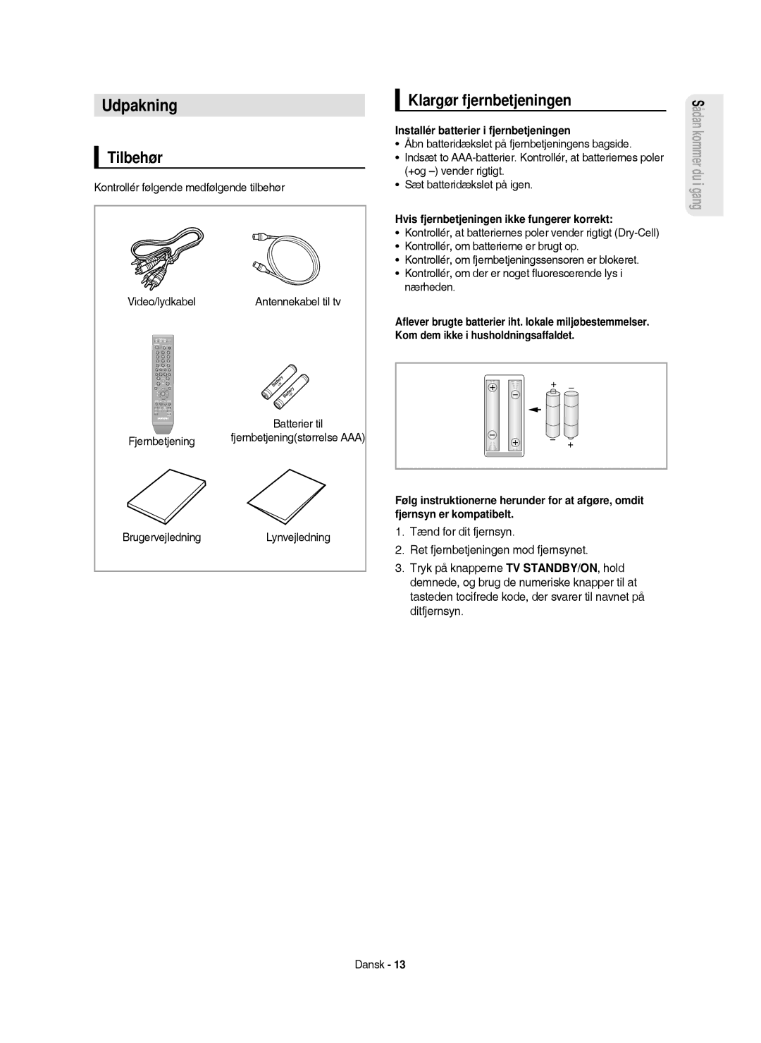 Samsung DVD-HR750/XEE manual Udpakning, Tilbehør, Klargør fjernbetjeningen, Installér batterier i fjernbetjeningen 