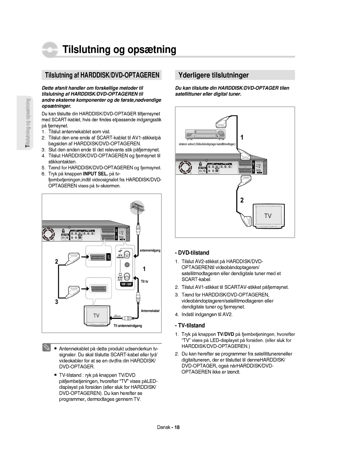 Samsung DVD-HR750/XEE manual Yderligere tilslutninger, DVD-tilstand, TV-tilstand 