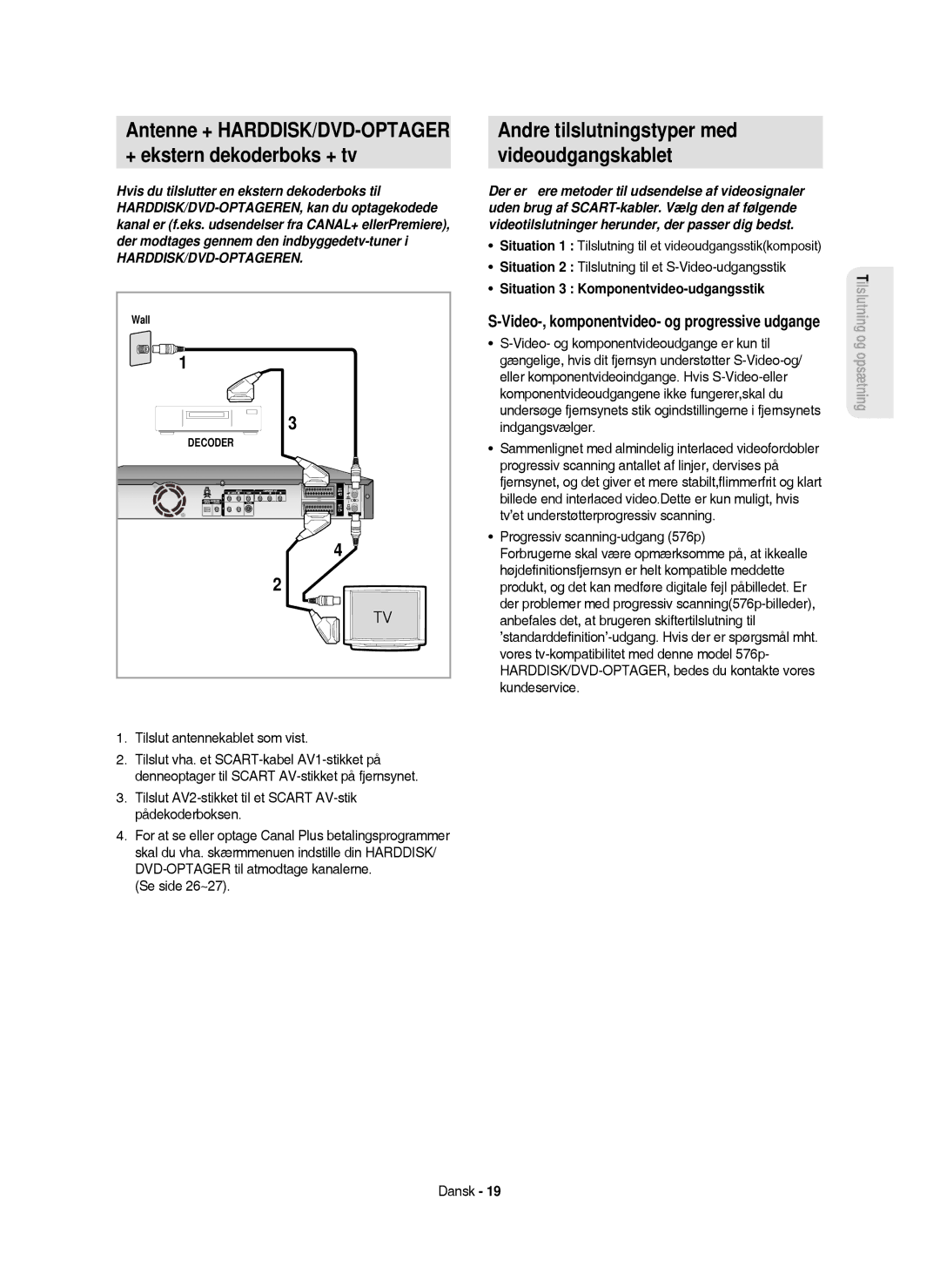 Samsung DVD-HR750/XEE manual + ekstern dekoderboks + tv, Andre tilslutningstyper med Videoudgangskablet 