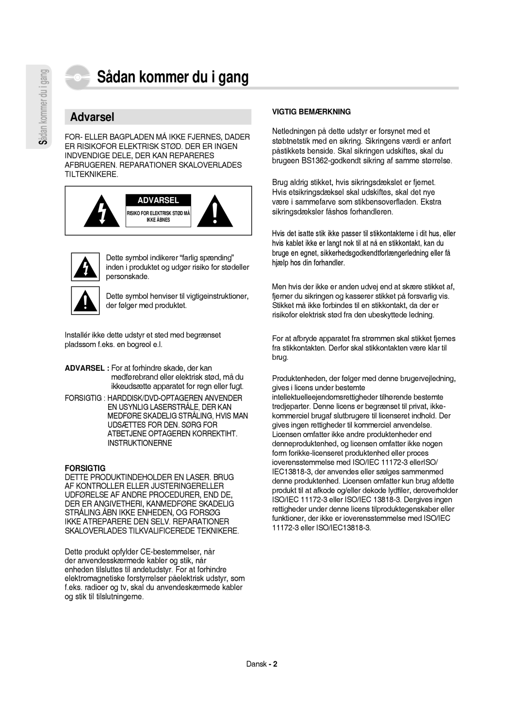 Samsung DVD-HR750/XEE manual Sådan kommer du i gang, Dansk 