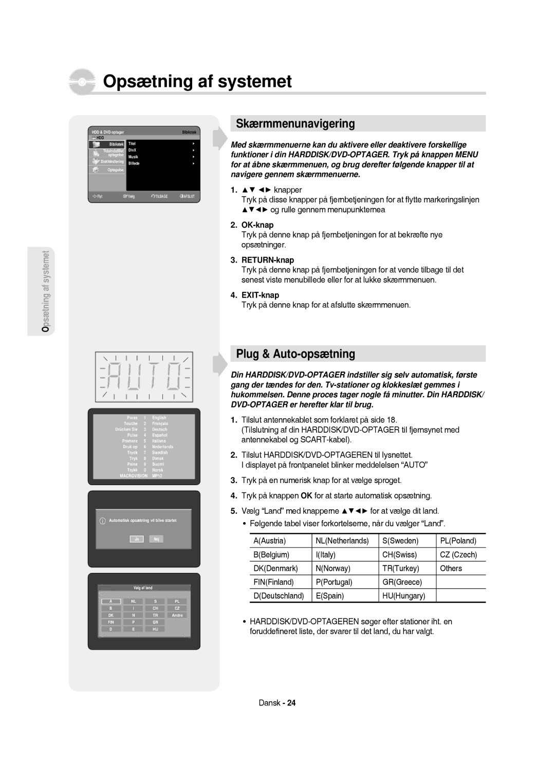 Samsung DVD-HR750/XEE manual Skærmmenunavigering, Plug & Auto-opsætning, OK-knap, RETURN-knap 