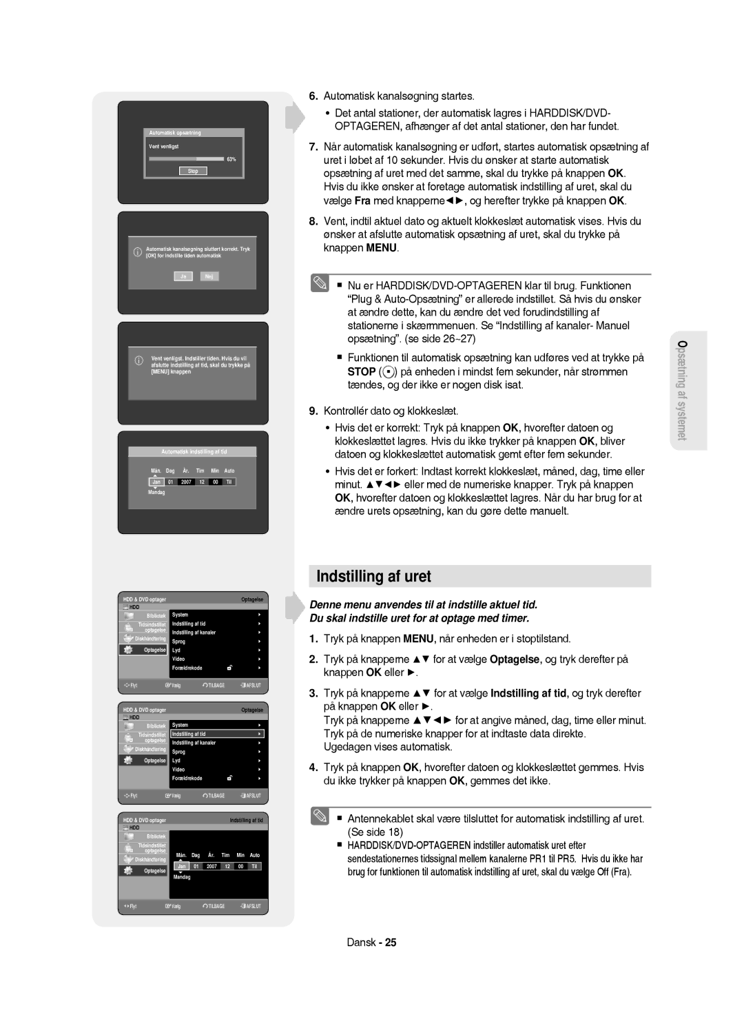 Samsung DVD-HR750/XEE manual Indstilling af uret 