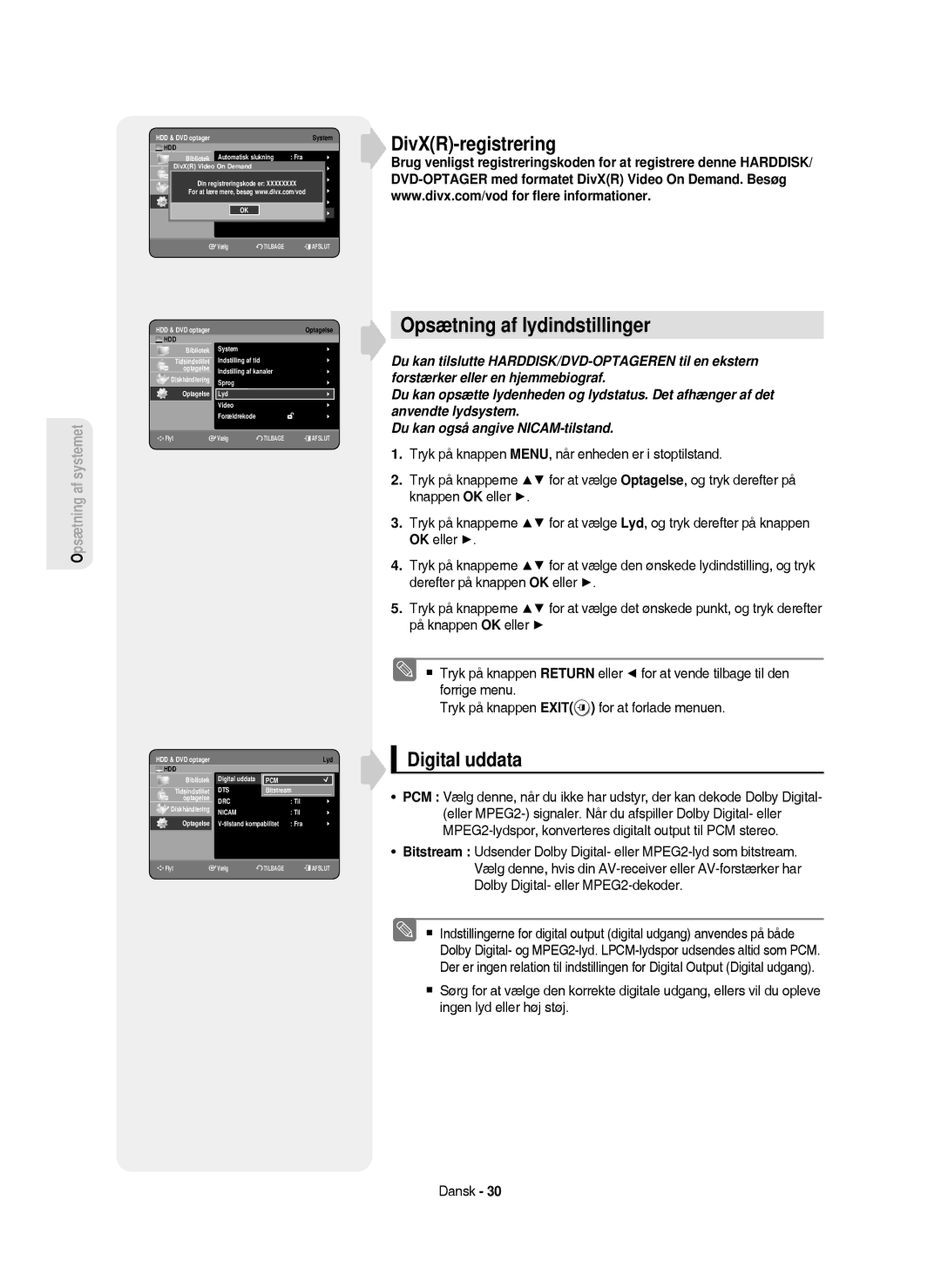 Samsung DVD-HR750/XEE manual Opsætning af lydindstillinger, DivXR-registrering, Digital uddata 