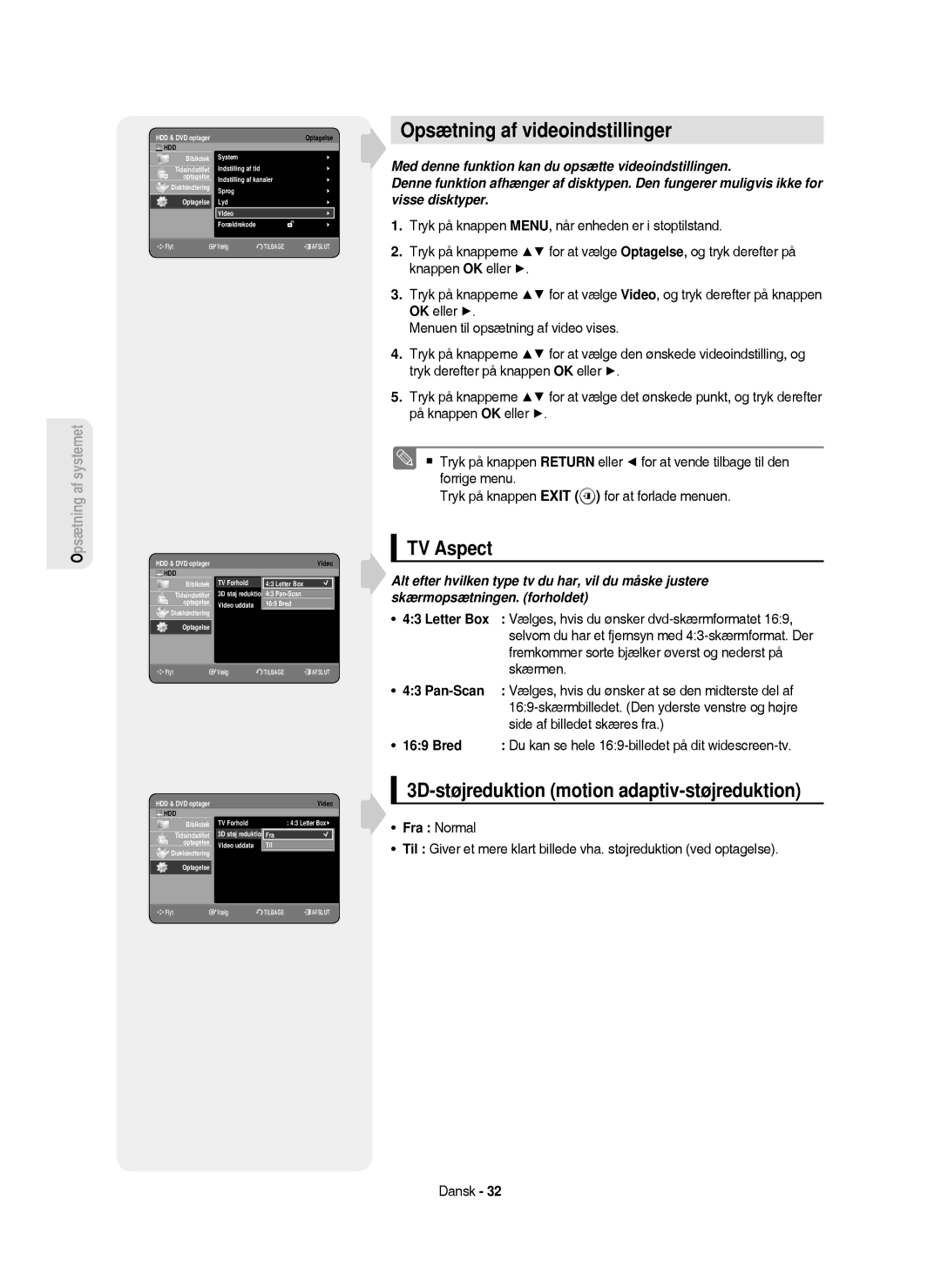 Samsung DVD-HR750/XEE manual Opsætning af videoindstillinger, TV Aspect, 3D-støjreduktion motion adaptiv-støjreduktion 