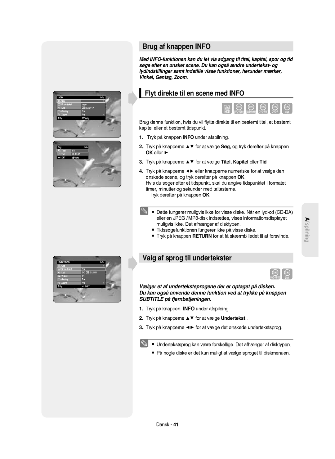 Samsung DVD-HR750/XEE manual Brug af knappen Info, Valg af sprog til undertekster, Flyt direkte til en scene med Info 