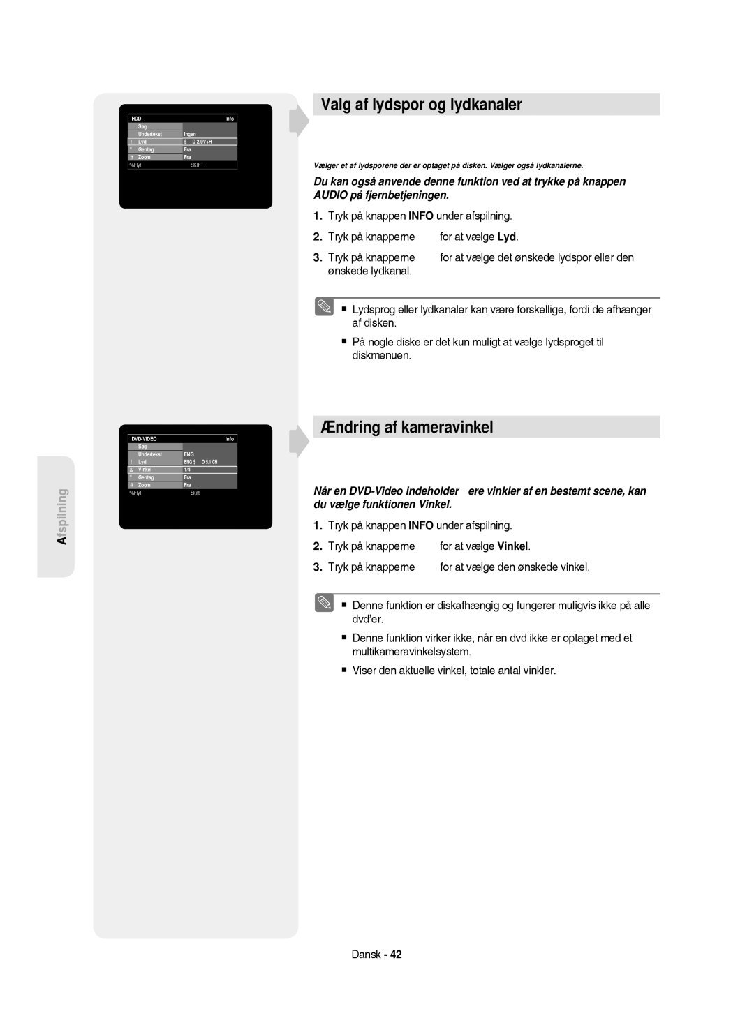 Samsung DVD-HR750/XEE manual Valg af lydspor og lydkanaler, Ændring af kameravinkel, Søg Undertekst 