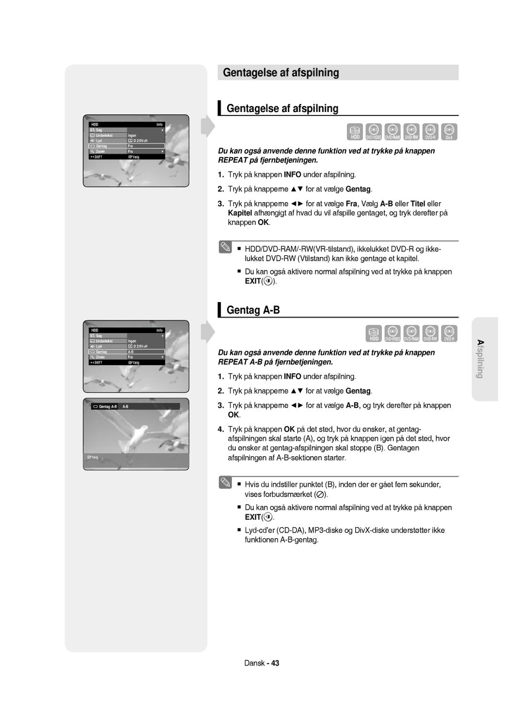 Samsung DVD-HR750/XEE manual Gentagelse af afspilning, Gentag A-B, Søg Undertekst Ingen Lyd 2/0V+H Gentag Zoom Fra 