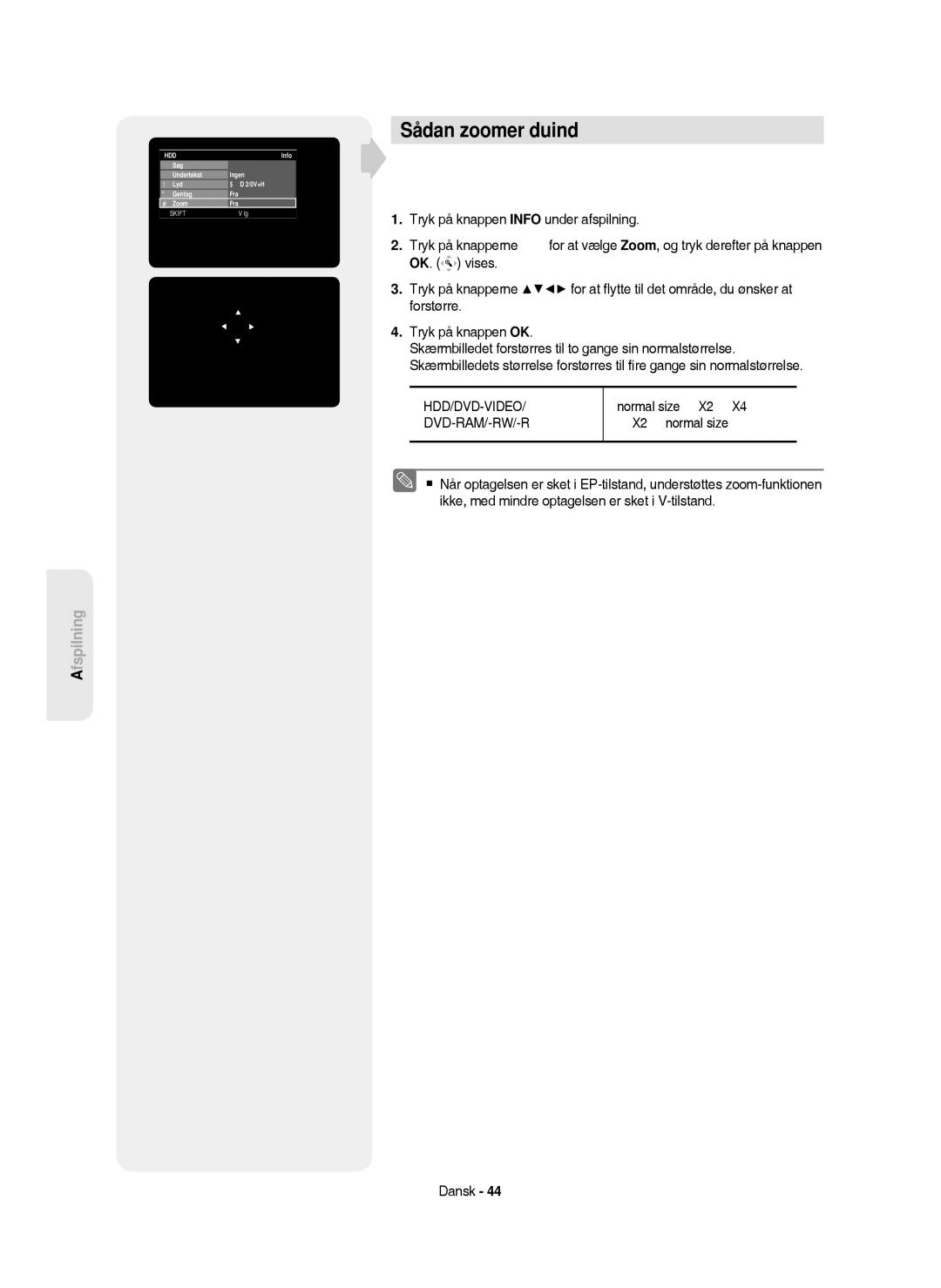 Samsung DVD-HR750/XEE manual Sådan zoomer duind, Hdd/Dvd-Video, Normal size X2, X2 normal size 