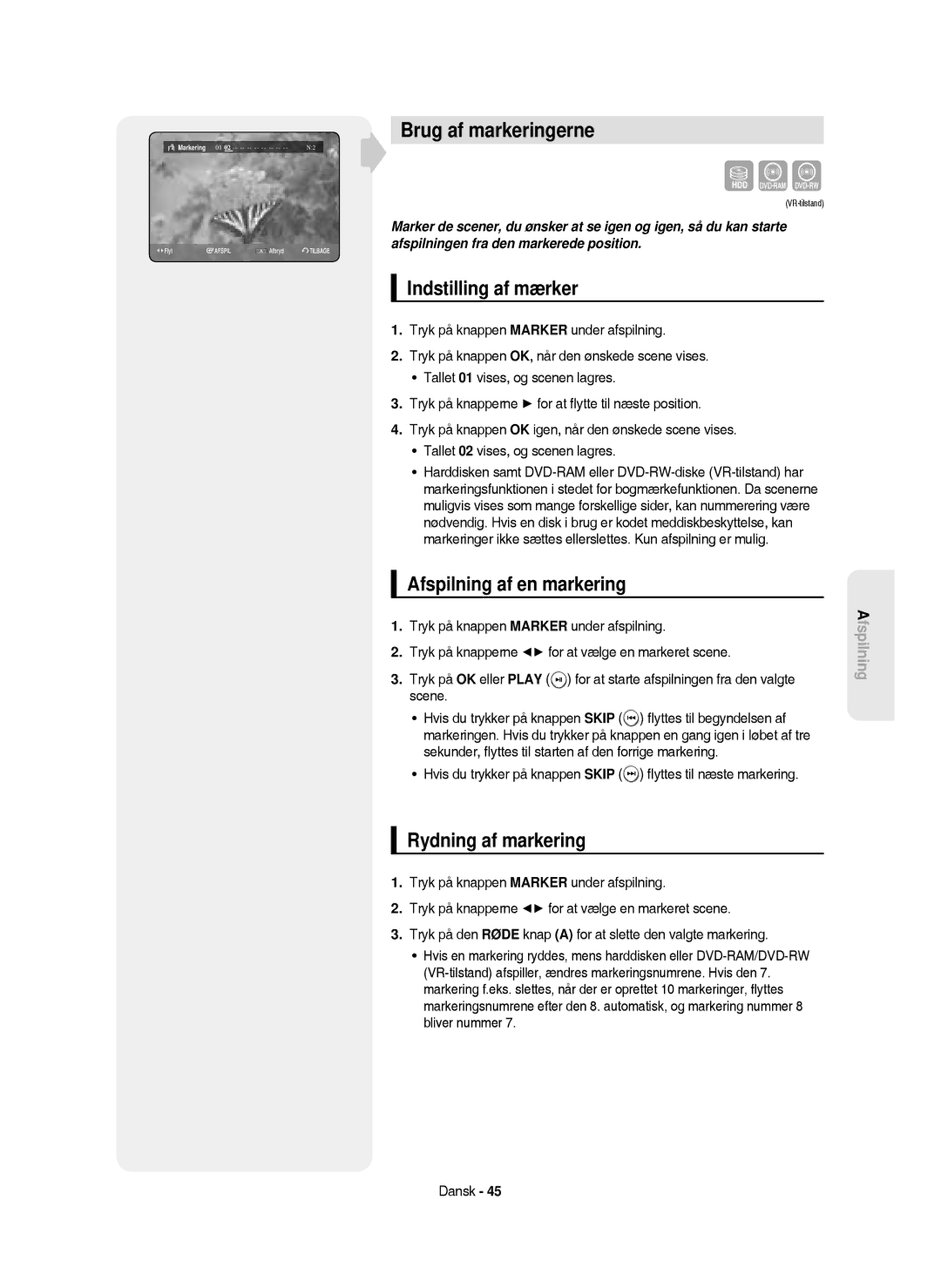 Samsung DVD-HR750/XEE manual Brug af markeringerne, Indstilling af mærker, Afspilning af en markering, Rydning af markering 