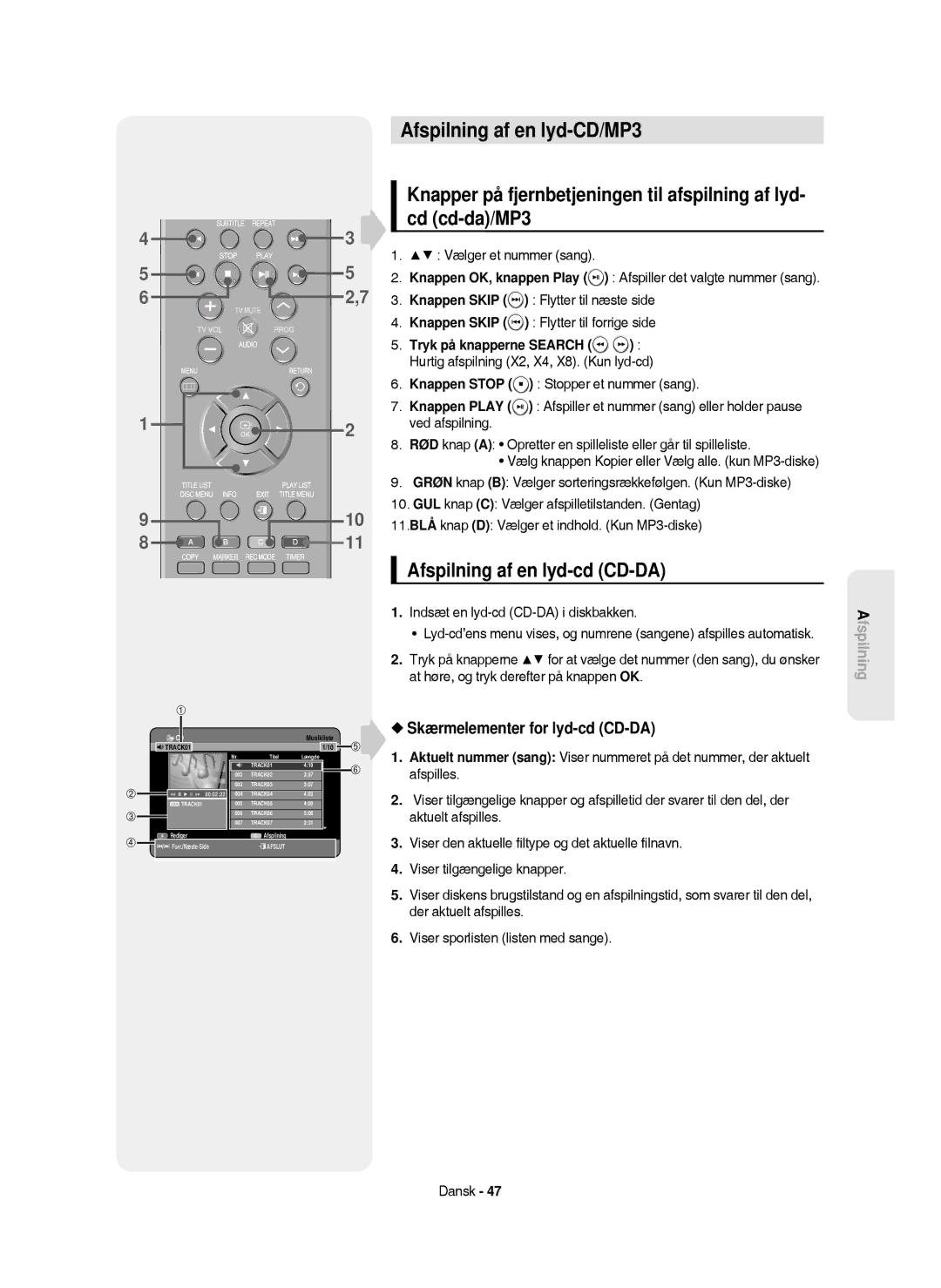 Samsung DVD-HR750/XEE manual Afspilning af en lyd-CD/MP3, Afspilning af en lyd-cd CD-DA, Skærmelementer for lyd-cd CD-DA 