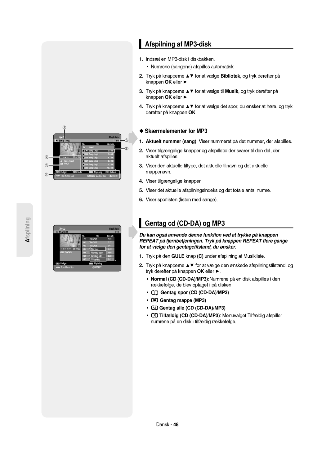 Samsung DVD-HR750/XEE manual Afspilning af MP3-disk, Gentag cd CD-DA og MP3, Skærmelementer for MP3 