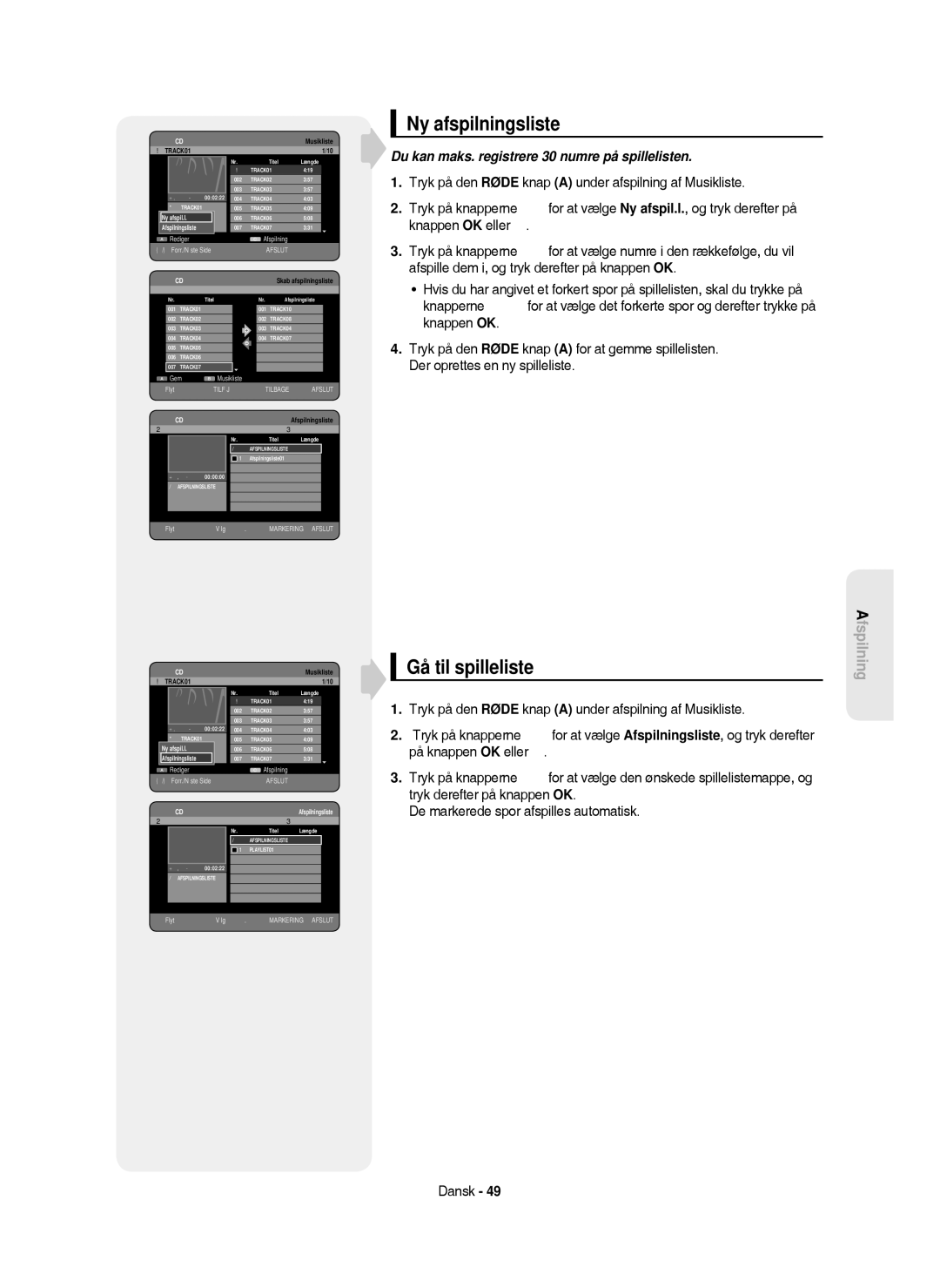 Samsung DVD-HR750/XEE manual Ny afspilningsliste, Gå til spilleliste, Afspil.l, Afspilningsliste 