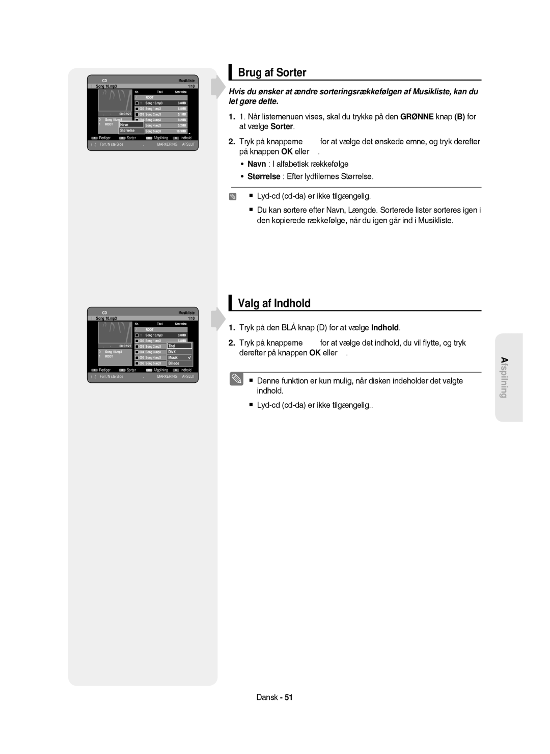 Samsung DVD-HR750/XEE manual Brug af Sorter, Valg af Indhold, Størrelse, DivX 