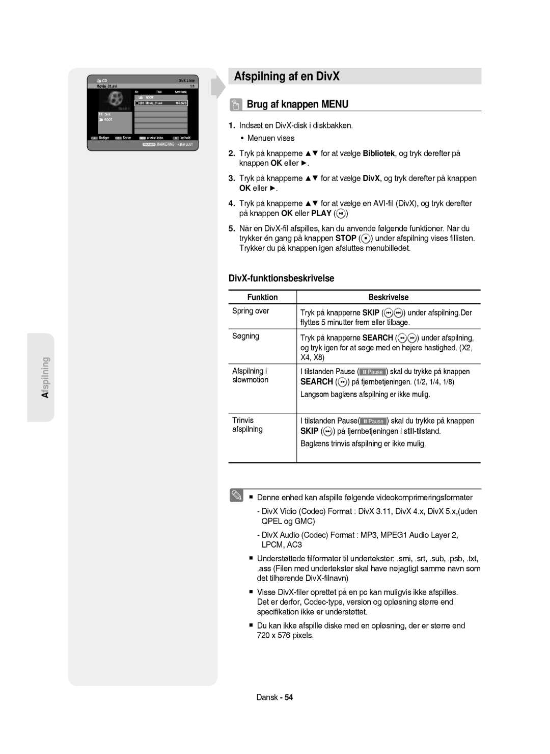 Samsung DVD-HR750/XEE manual Afspilning af en DivX, Brug af knappen Menu, DivX-funktionsbeskrivelse, Funktion Beskrivelse 