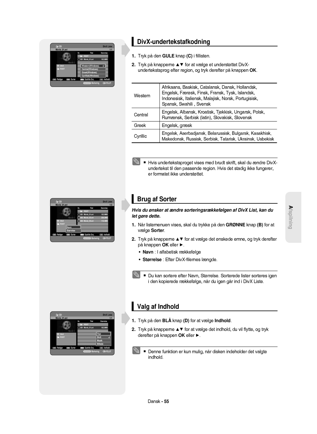 Samsung DVD-HR750/XEE manual DivX-undertekstafkodning, Tryk på den Gule knap C i ﬁllisten, DivX Liste 