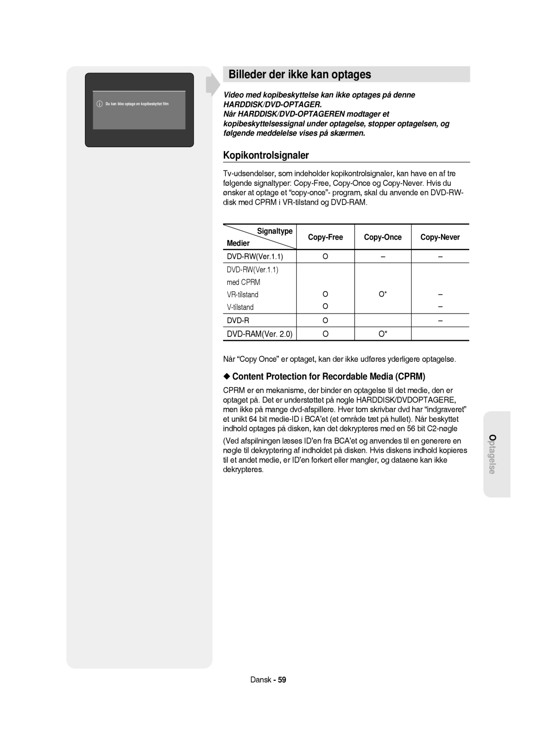 Samsung DVD-HR750/XEE Billeder der ikke kan optages, Kopikontrolsignaler, Content Protection for Recordable Media Cprm 