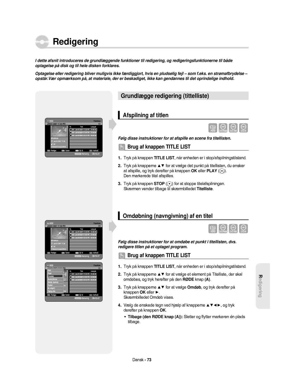 Samsung DVD-HR750/XEE manual Grundlægge redigering tittelliste, Afspilning af titlen, Omdøbning navngivning af en titel 