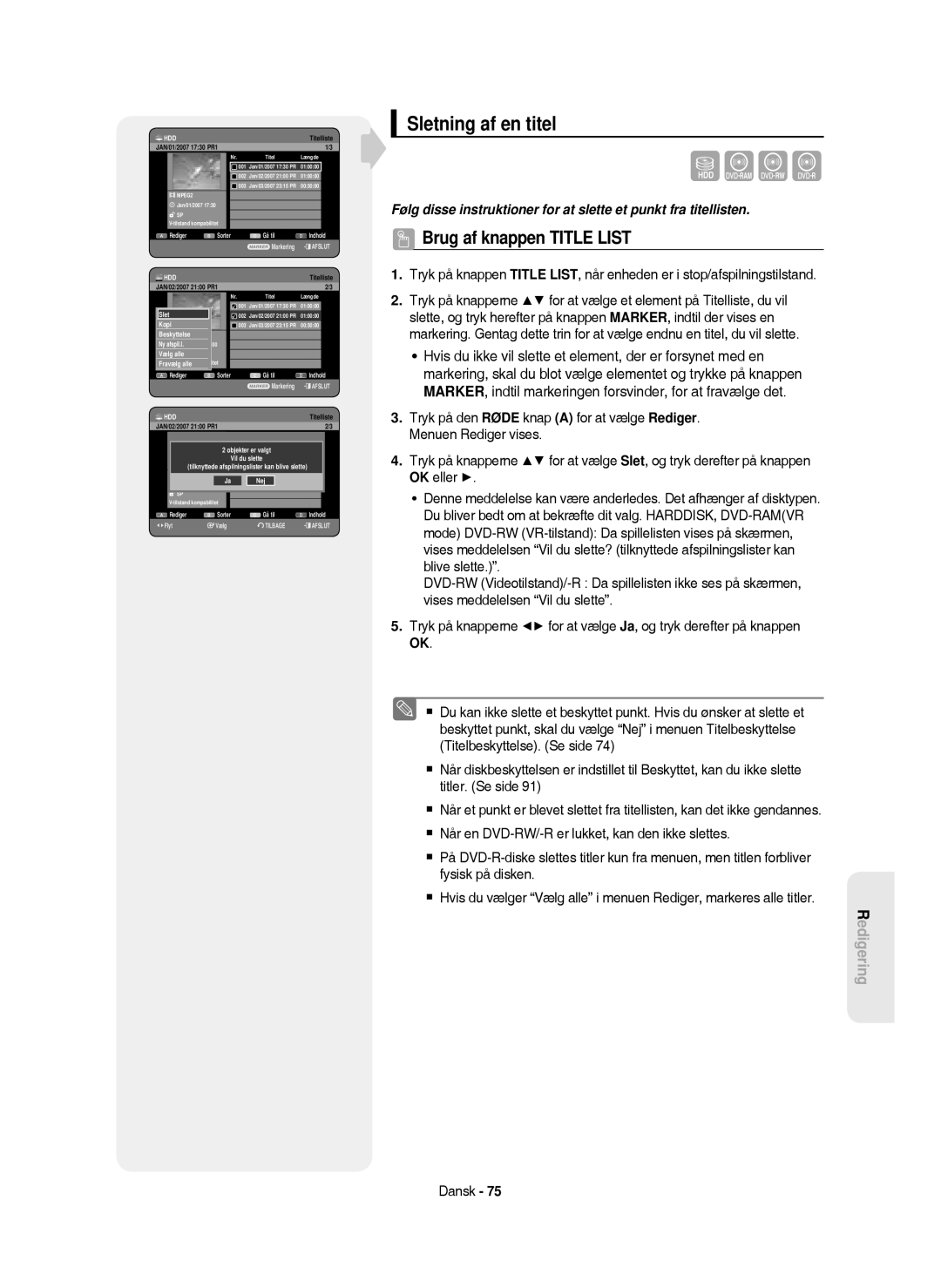 Samsung DVD-HR750/XEE manual Sletning af en titel, Vælg1alleSP, Objekter er valgt 