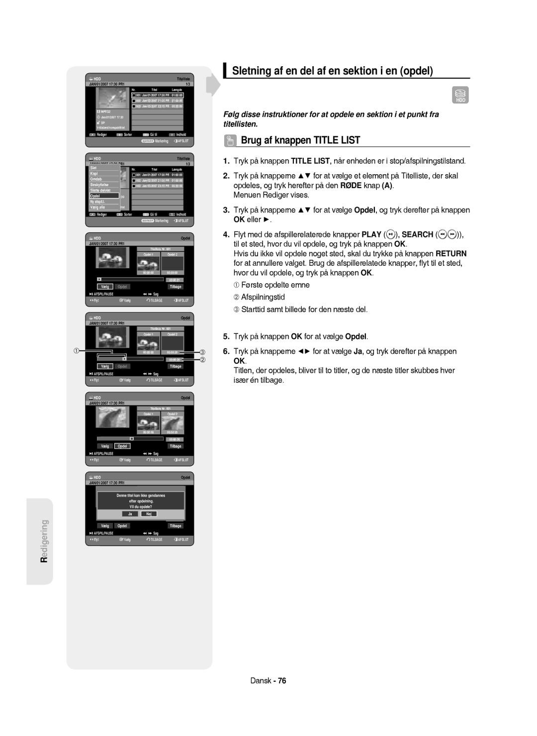 Samsung DVD-HR750/XEE manual Sletning af en del af en sektion i en opdel, ➁ OK 