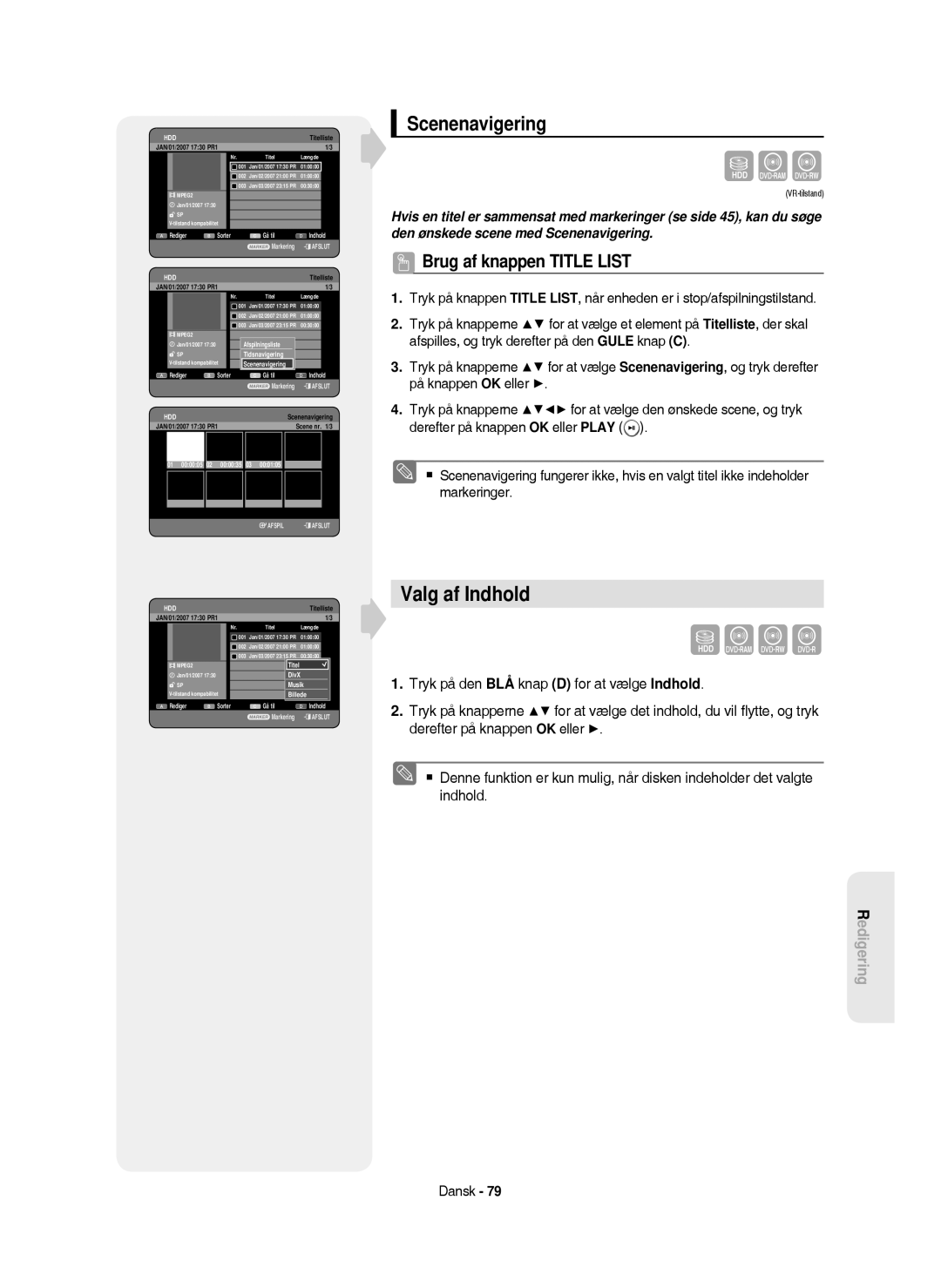 Samsung DVD-HR750/XEE manual Valg af Indhold, Scenenavigering, 01 000005 02 000035 03 