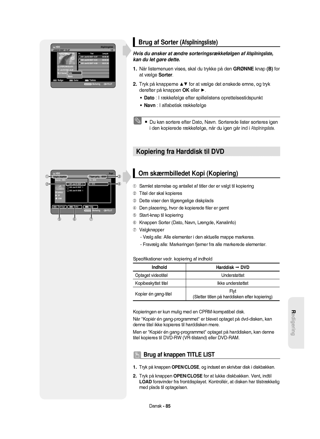 Samsung DVD-HR750/XEE Kopiering fra Harddisk til DVD, Brug af Sorter Afspilningsliste, Om skærmbilledet Kopi Kopiering 