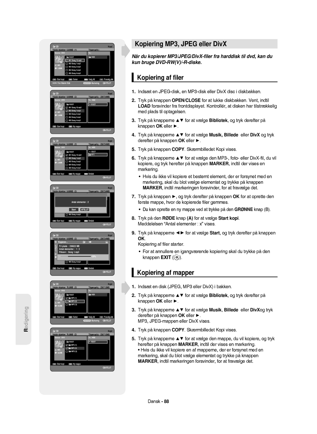 Samsung DVD-HR750/XEE manual Kopiering MP3, Jpeg eller DivX, Kopiering af ﬁler, Kopiering af mapper 