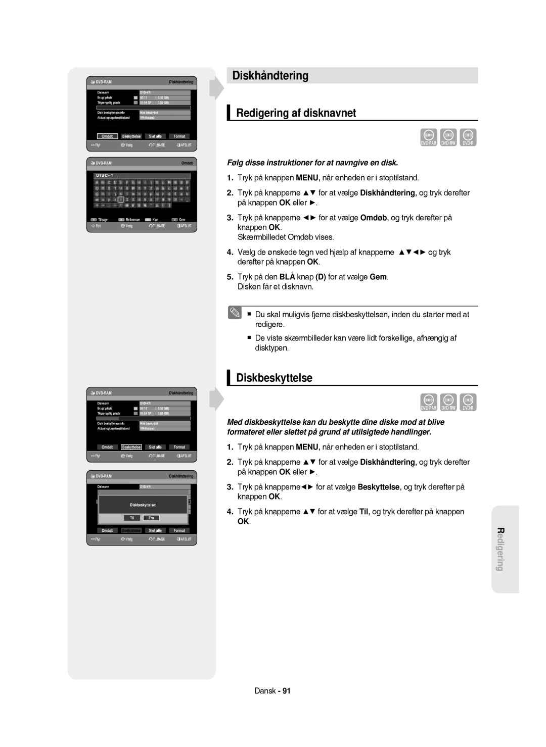 Samsung DVD-HR750/XEE manual Diskhåndtering, Redigering af disknavnet, Diskbeskyttelse 