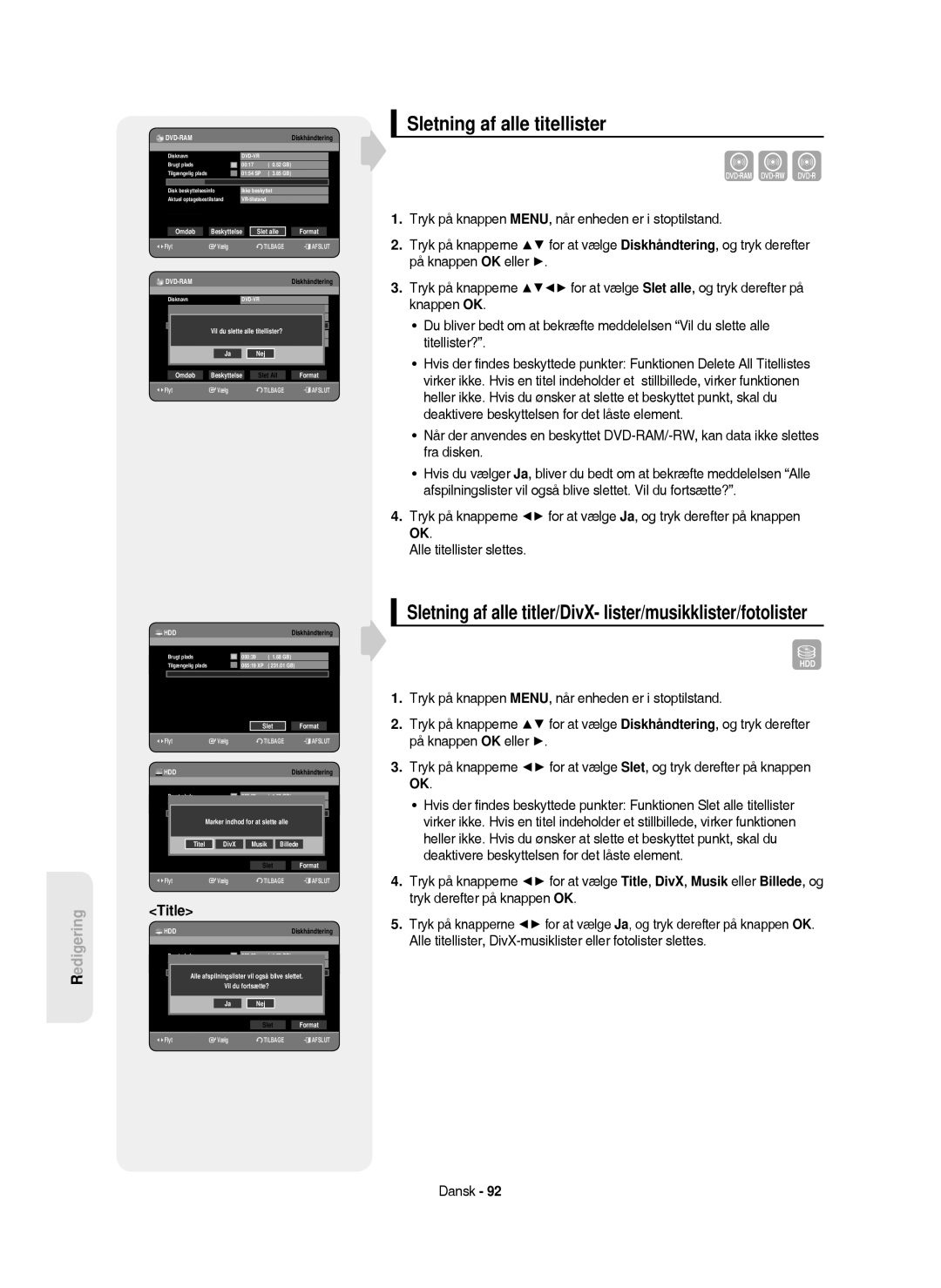 Samsung DVD-HR750/XEE manual Sletning af alle titellister, Omdøb Beskyttelse Slet alle, Nej Omdøb, Vil du fortsætte? Nej 