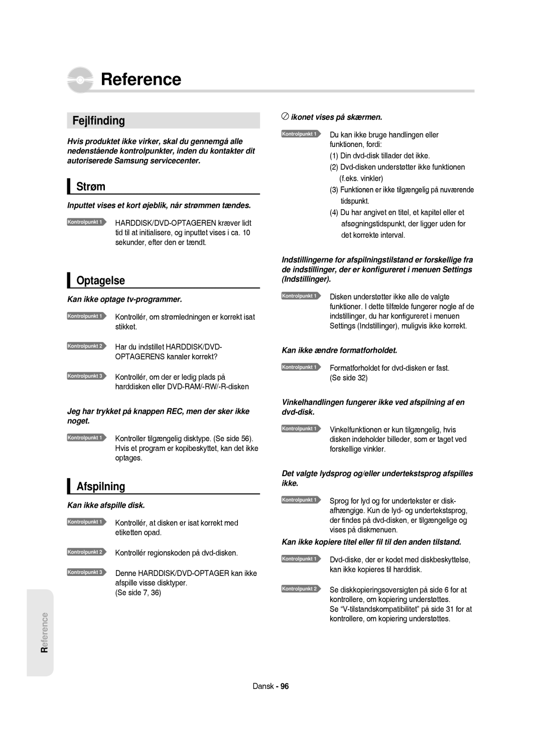 Samsung DVD-HR750/XEE manual Fejlﬁnding, Strøm, Optagelse, Afspilning 