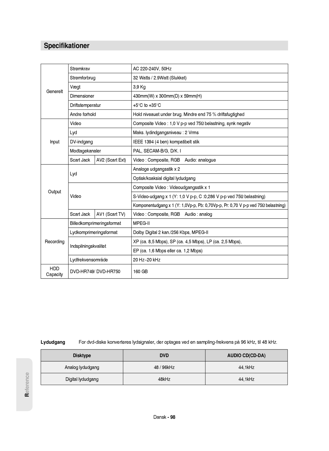 Samsung DVD-HR750/XEE manual Speciﬁkationer, Pal, Secam-B/G, D/K, Mpeg-Ii, Hdd, Disktype 