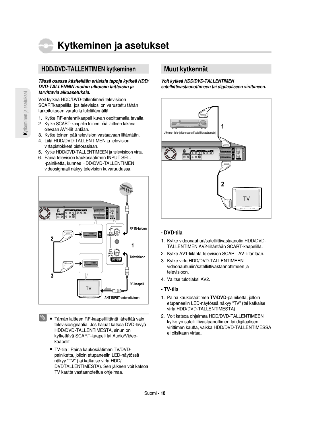 Samsung DVD-HR750/XEE manual HDD/DVD-TALLENTIMEN kytkeminen, Muut kytkennät, DVD-tila, TV-tila 