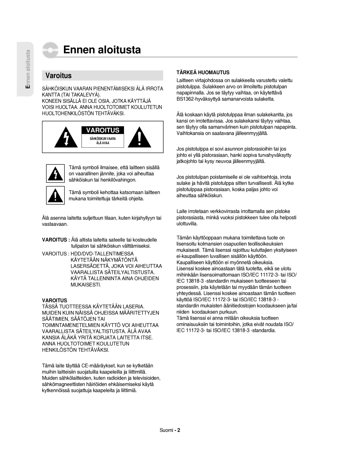 Samsung DVD-HR750/XEE manual Varoitus, Suomi 