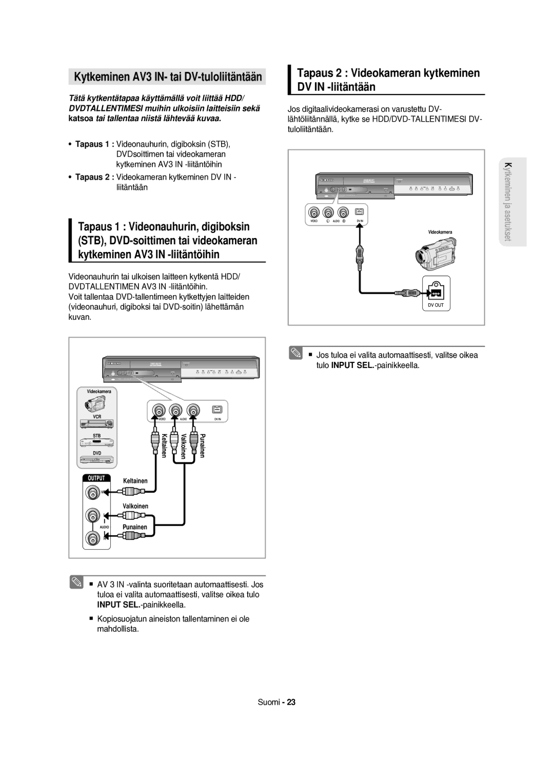 Samsung DVD-HR750/XEE manual Tapaus 2 Videokameran kytkeminen DV in -liitäntään, Kytkeminen AV3 IN- tai DV-tuloliitäntään 