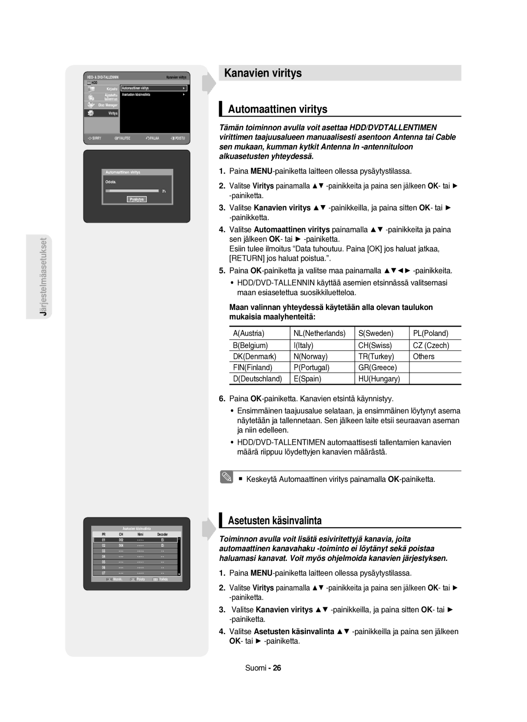 Samsung DVD-HR750/XEE manual Kanavien viritys, Automaattinen viritys, Asetusten käsinvalinta 