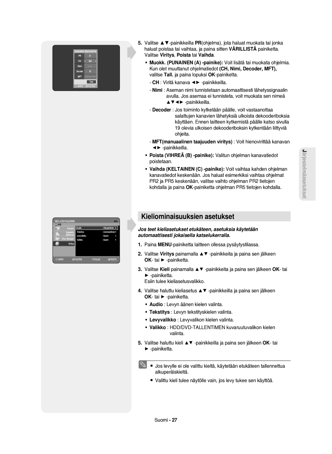 Samsung DVD-HR750/XEE manual Kieliominaisuuksien asetukset, Painikkeilla 