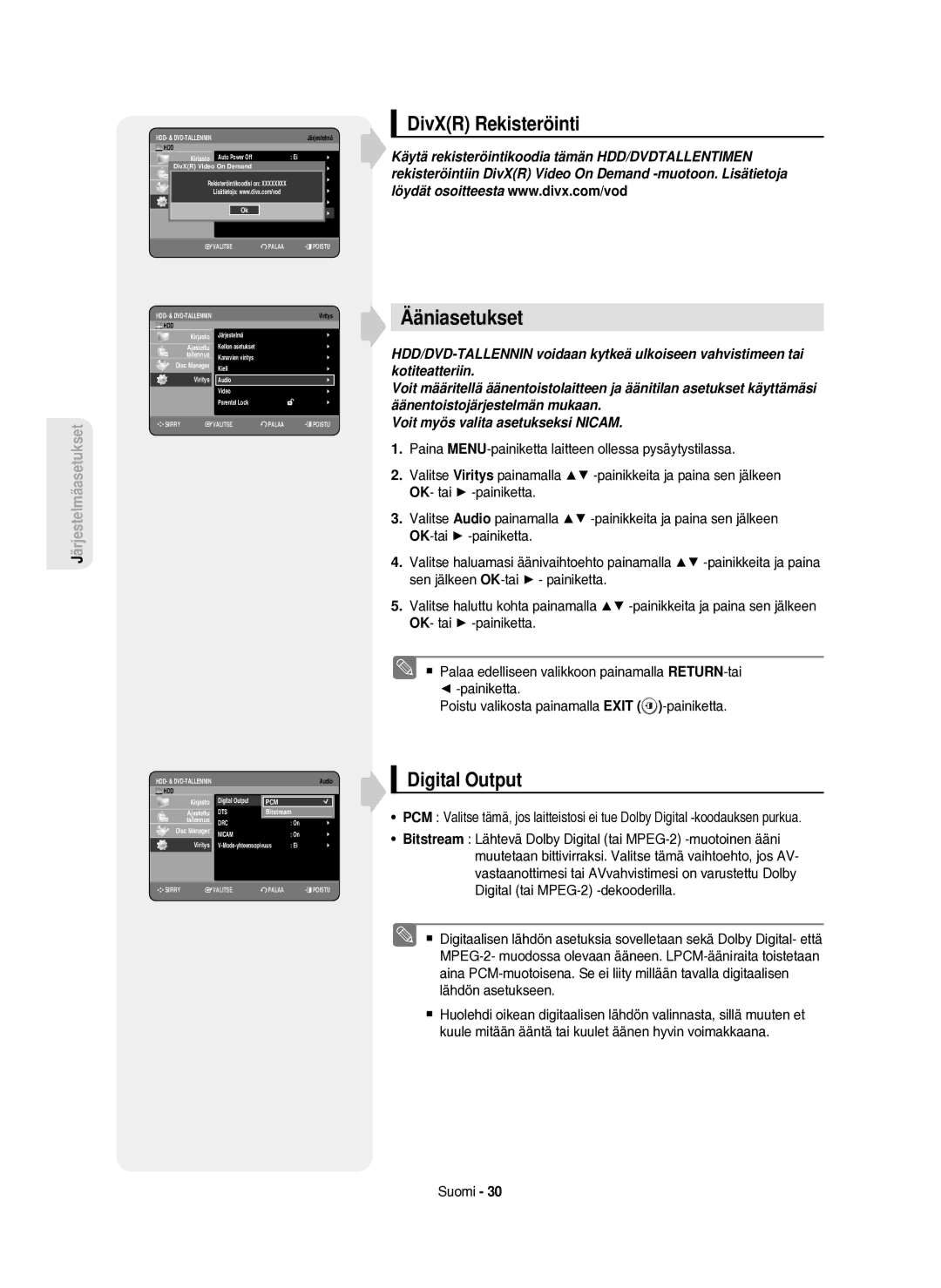 Samsung DVD-HR750/XEE manual Ääniasetukset, DivXR Rekisteröinti, Digital Output 