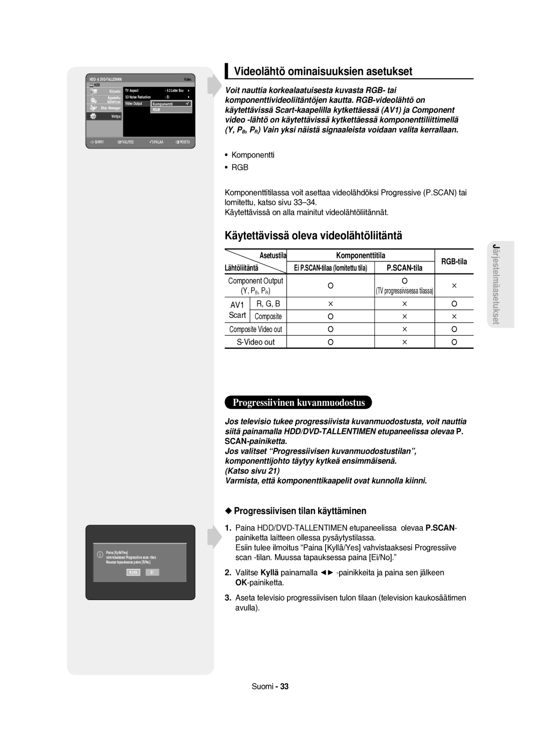 Samsung DVD-HR750/XEE manual Videolähtö ominaisuuksien asetukset, Käytettävissä oleva videolähtöliitäntä, Rgb 