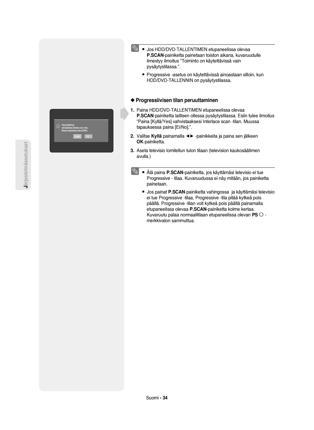 Samsung DVD-HR750/XEE manual Progressiivisen tilan peruuttaminen 