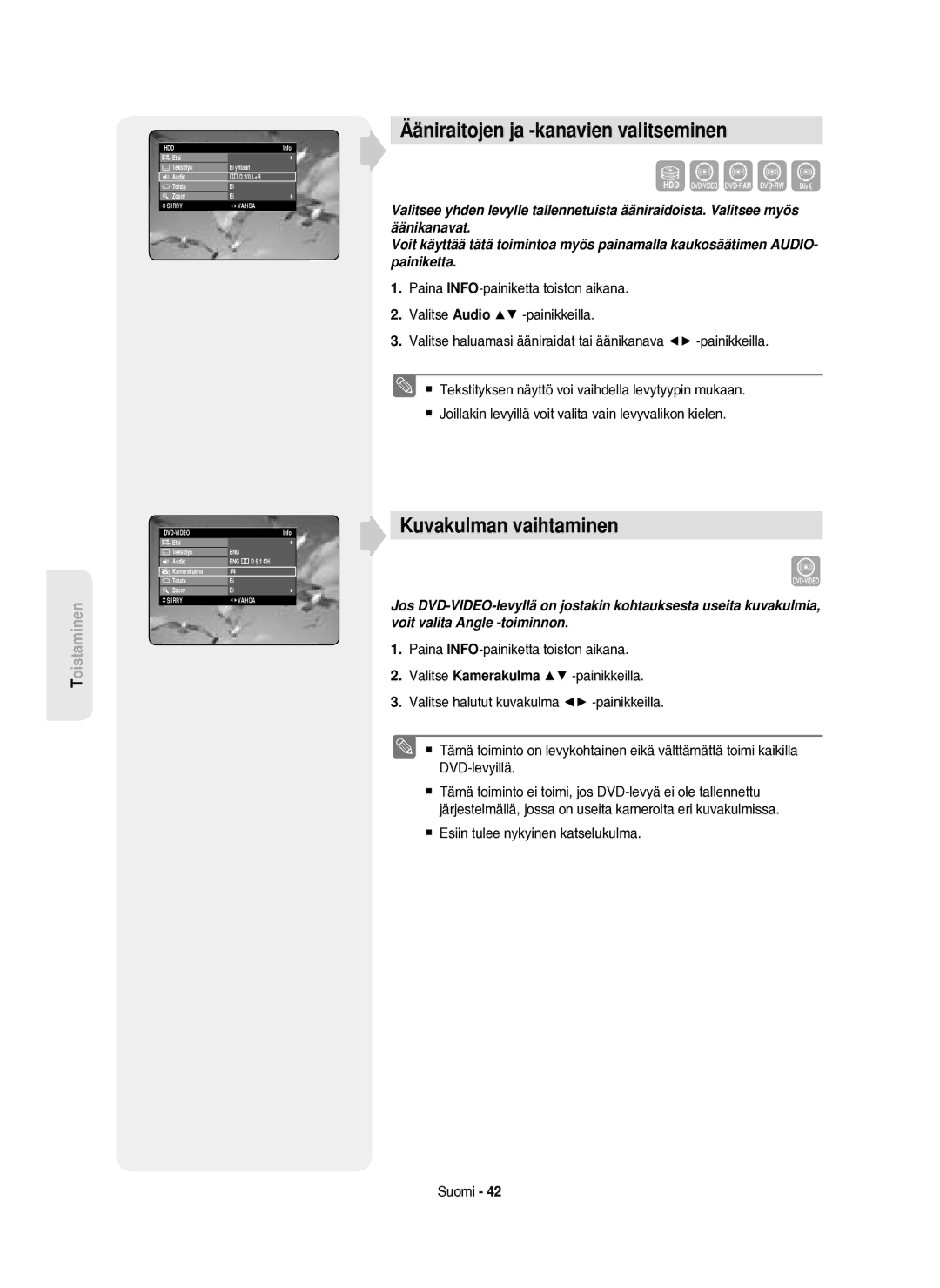 Samsung DVD-HR750/XEE manual Ääniraitojen ja -kanavien valitseminen, Kuvakulman vaihtaminen 